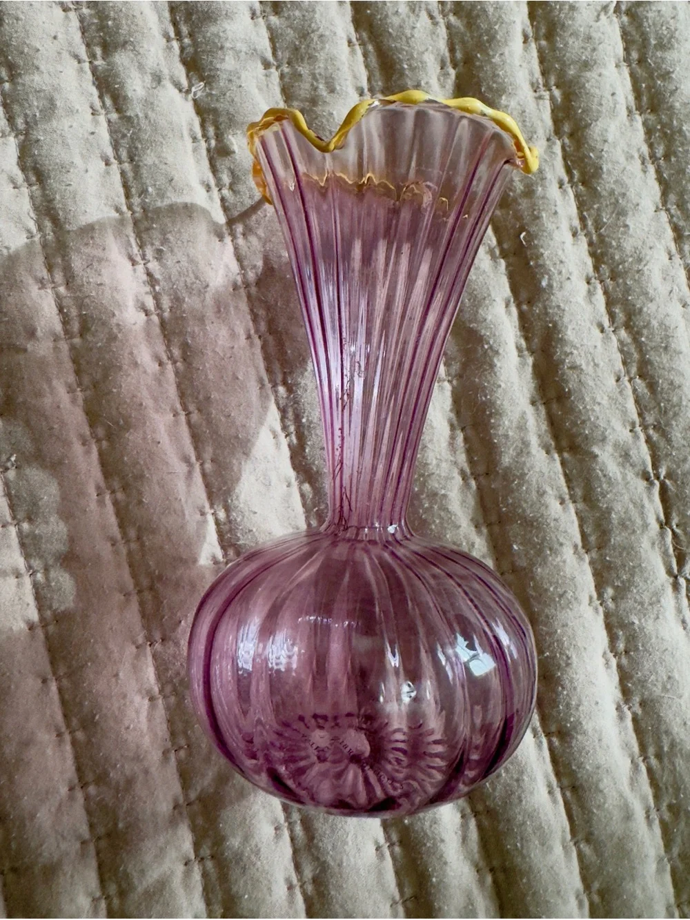 Anthropologie Lavender Glass Bud Vase with Gold-Edged Fluted Rim